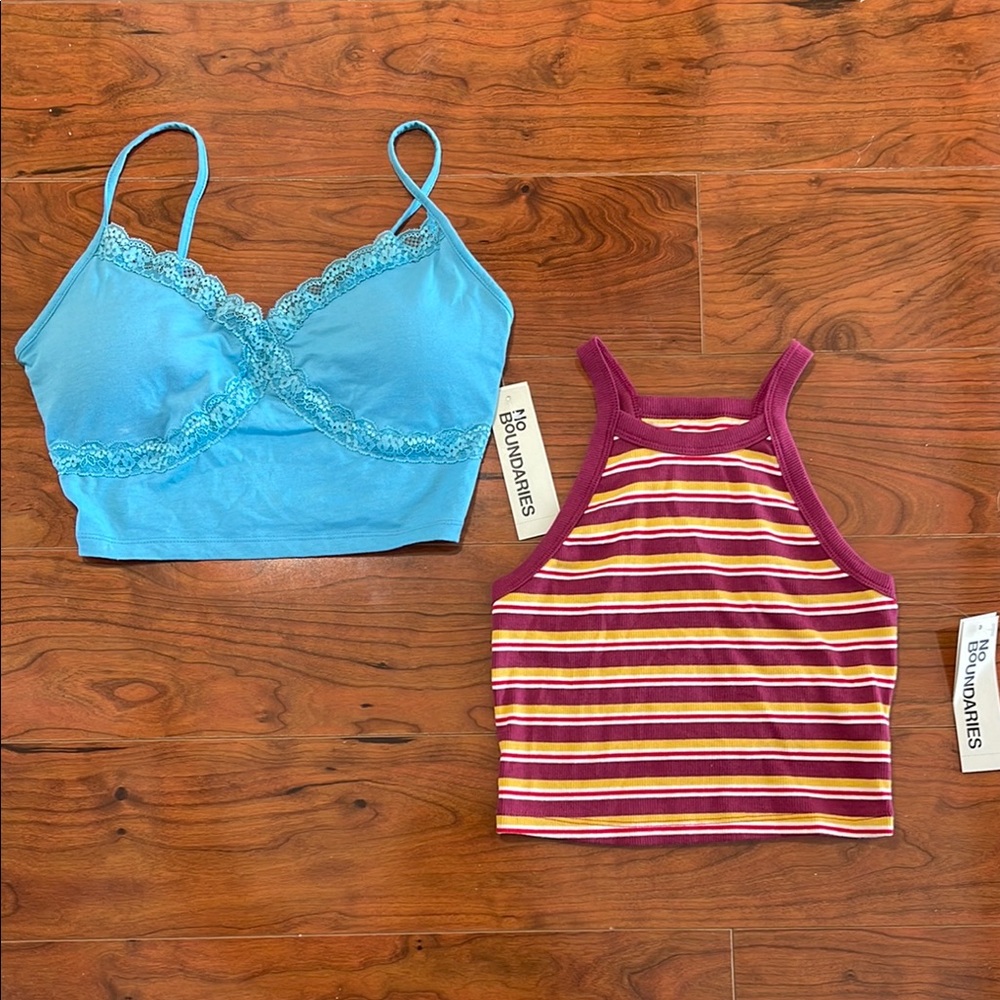 NWT No Boundaries Blue Lace Crop Top & Red and Yellow Striped Tank Top Shirts